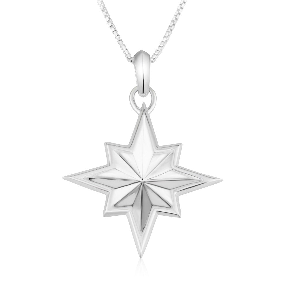 Star of Bethlehem pendant necklace, 3D domed, in polished sterling silver
