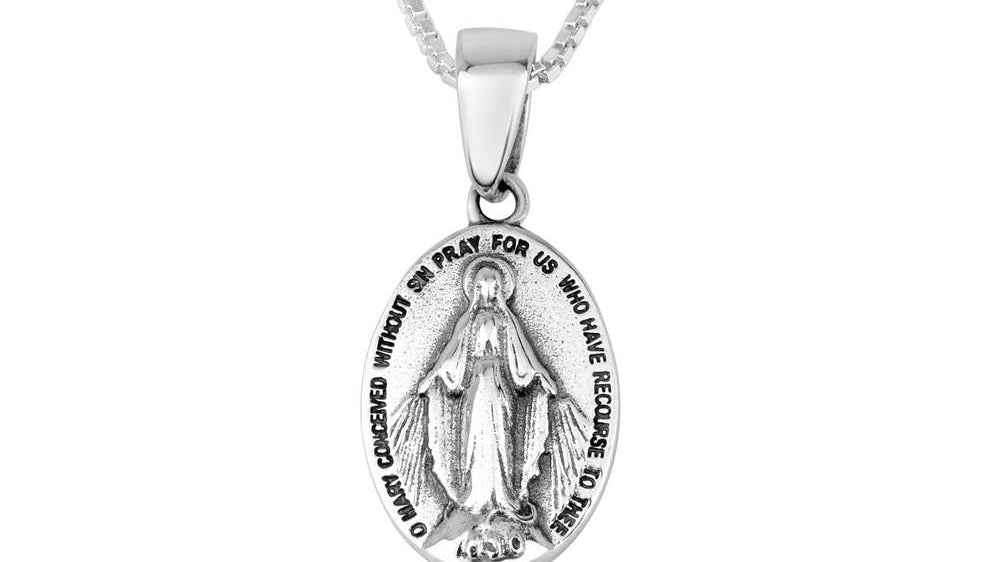 Miraculous Medal pendant necklace with English inscription in sterling silver