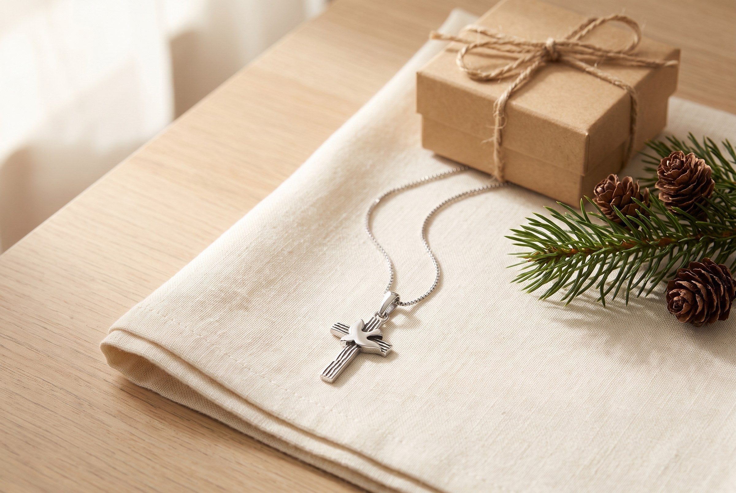 Cross with dove pendant necklace in sterling silver on cream linen beside a kraft gift box and an evergreen sprig
