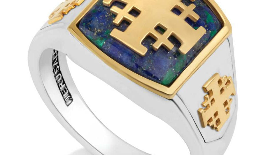 Gold-plated Jerusalem Cross Christian signet ring for men with Eilat Stone, sterling silver
