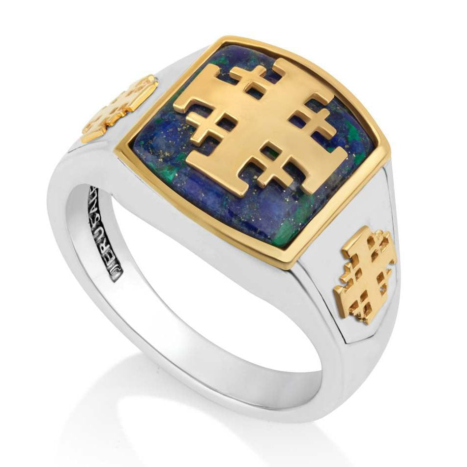 Gold-plated Jerusalem Cross Christian signet ring for men with Eilat Stone, sterling silver