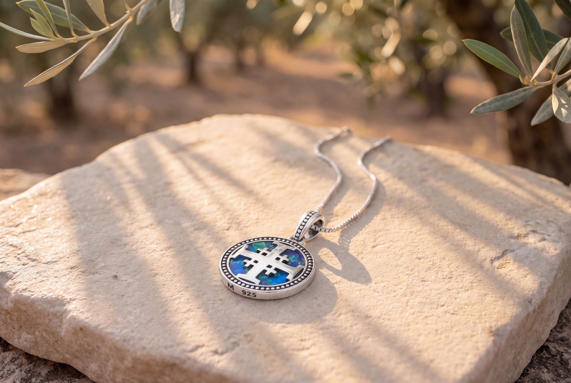 Jerusalem Cross Eilat Stone disc pendant necklace lying on a limestone slab in an olive grove