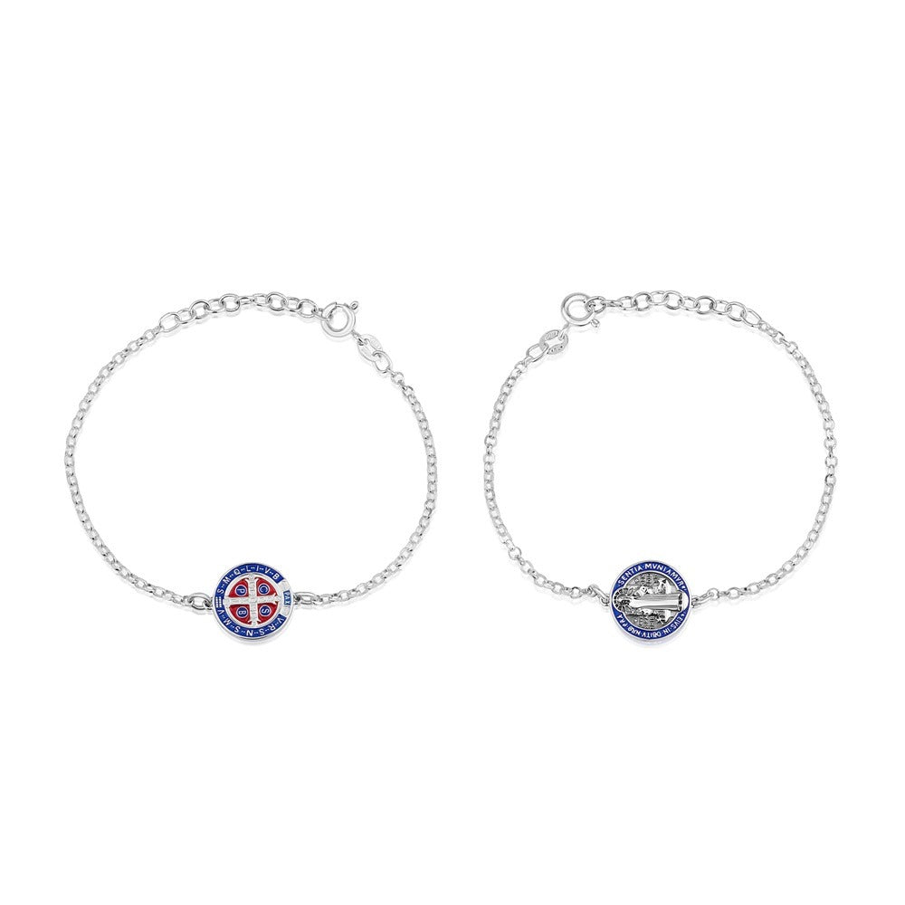 Saint Benedict medal bracelet in blue and red enamel on sterling silver chain by Marina Jewelry