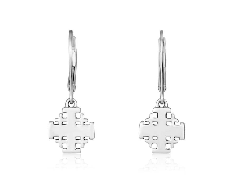 Jerusalem Cross drop earrings on lever-back hooks in sterling silver by Marina Jewelry