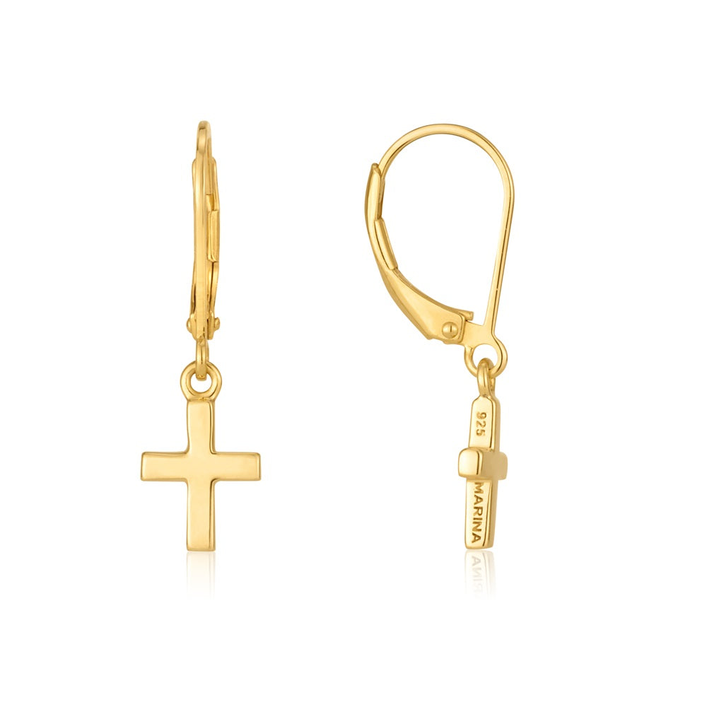 Gold-plated cross drop earrings in 925 sterling silver by Marina Jewelry