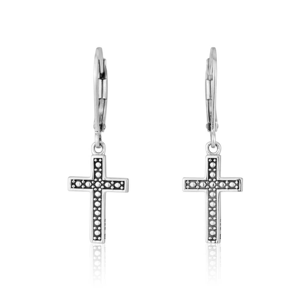 Oxidized beaded cross drop earrings in 925 sterling silver by Marina Jewelry