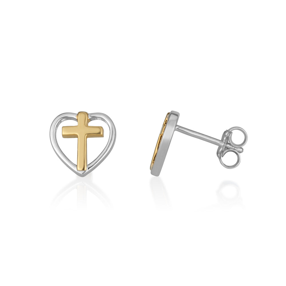 Heart and gold cross stud earrings in 925 sterling silver by Marina Jewelry