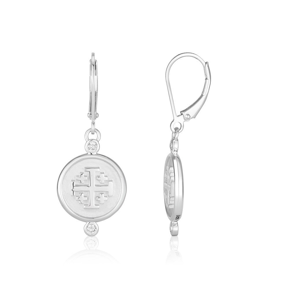 Jerusalem Cross coin drop earrings with Cubic Zirconia by Marina Jewelry