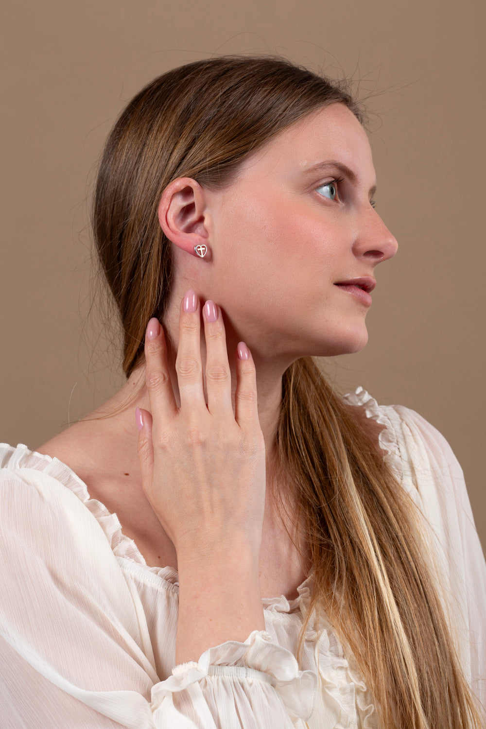 Heart & Cross Stud Earrings, Slim Gold Cross, 925 Sterling Silver – shown worn