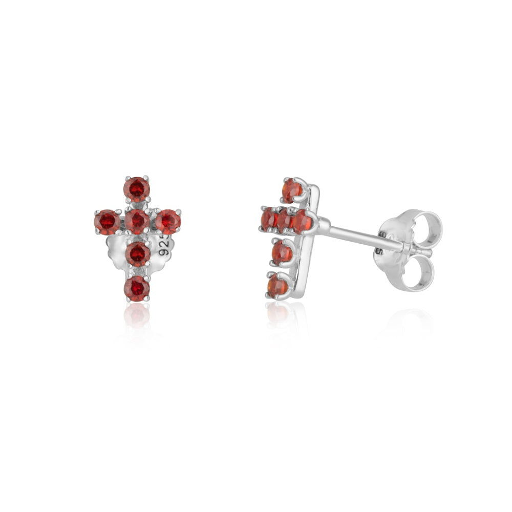 Garnet cross stud earrings in 925 sterling silver by Marina Jewelry
