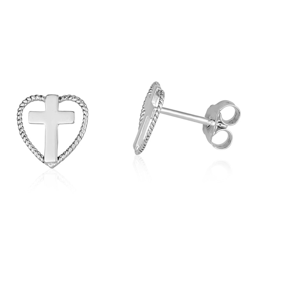 Rope-textured heart and cross stud earrings in 925 sterling silver by Marina Jewelry