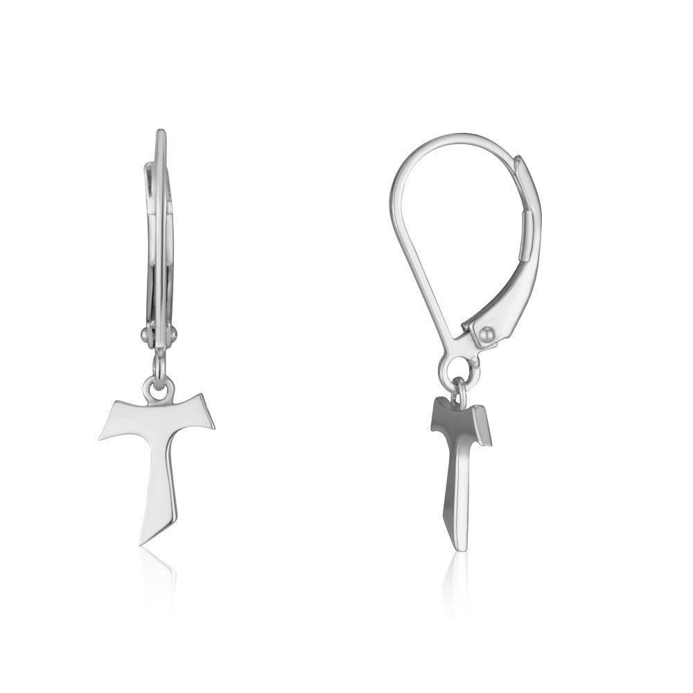 Tau cross drop earrings on lever-back hooks in sterling silver by Marina Jewelry