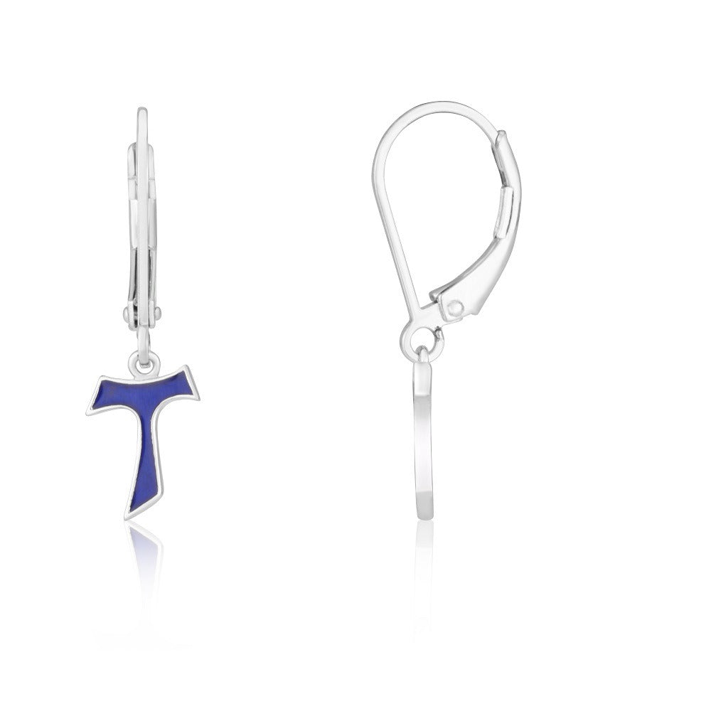 Blue enamel Tau cross drop earrings on sterling silver lever-backs by Marina Jewelry