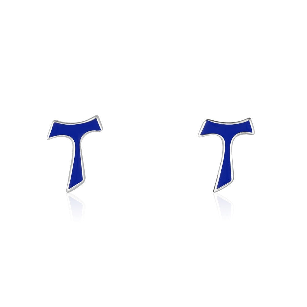Blue enamel Tau cross stud earrings by Marina Jewelry