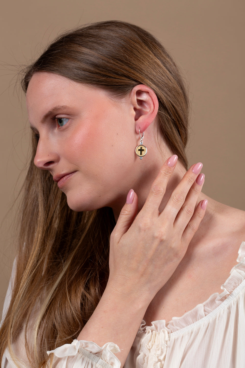 Gold cross medallion drop earrings gold plated sterling silver zircon — Marina Jewelry Holy Land-2