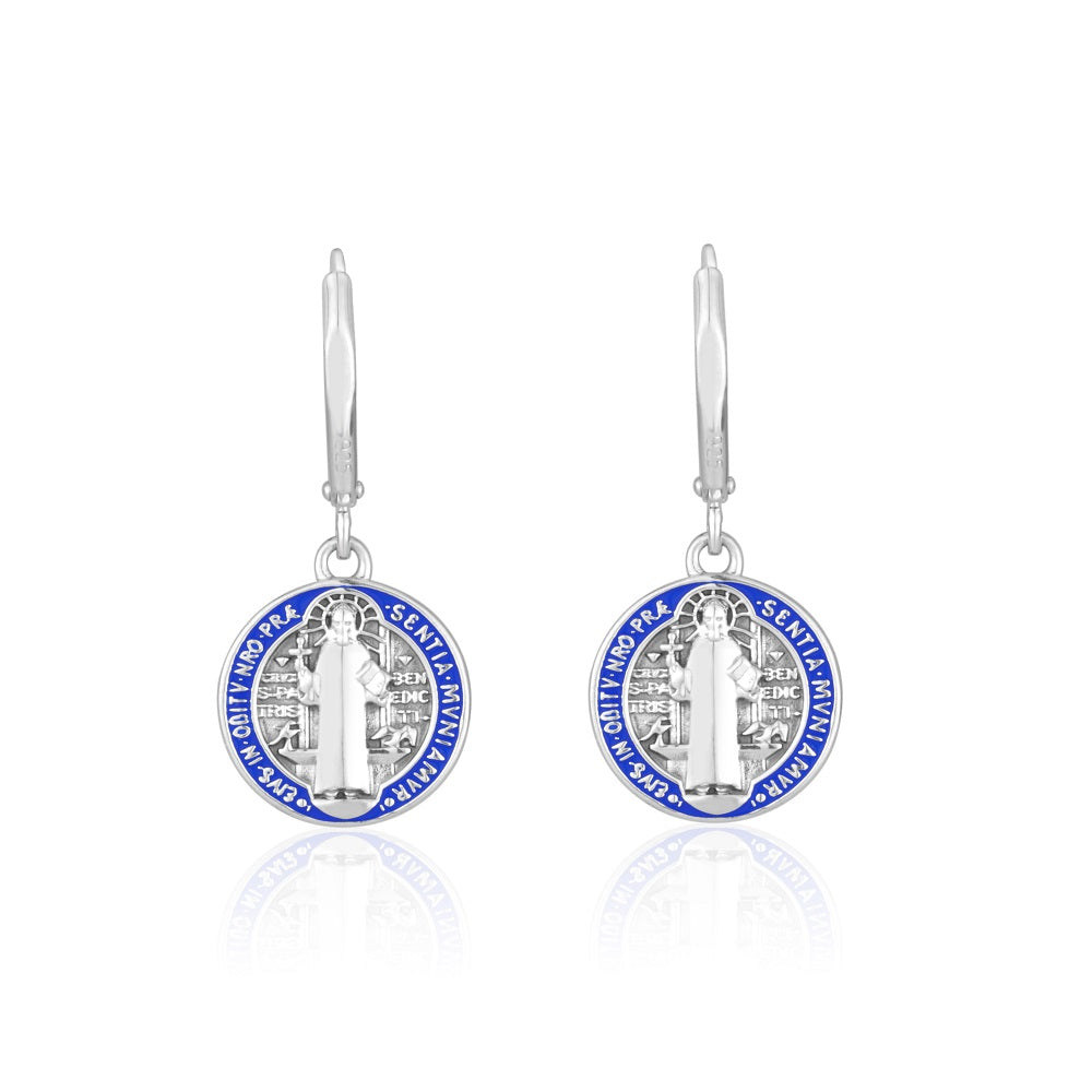 Saint Benedict Medal Drop Earrings in 925 Sterling Silver with Enamel, view 2 by Marina Jewelry