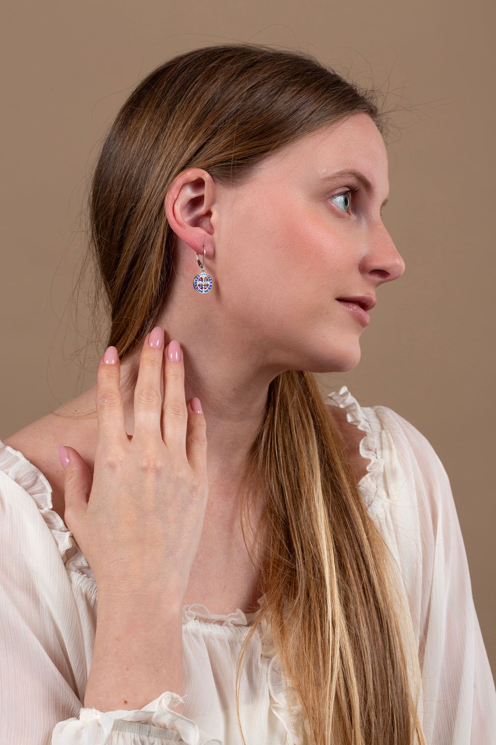 Saint Benedict Medal Drop Earrings in 925 Sterling Silver with Enamel, view 3 by Marina Jewelry