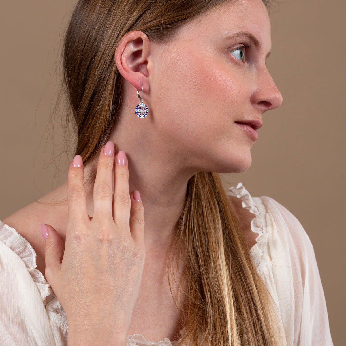 Saint Benedict Medal Drop Earrings in 925 Sterling Silver with Enamel, view 4 by Marina Jewelry
