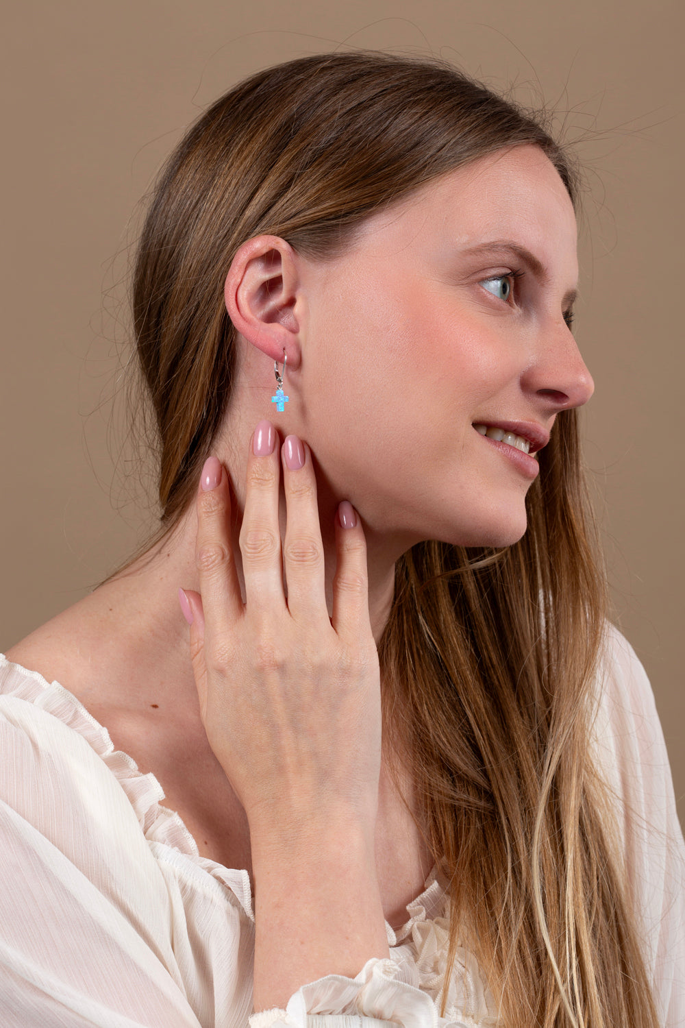 Blue Opal Cross Drop Earrings in 925 Sterling Silver – shown worn