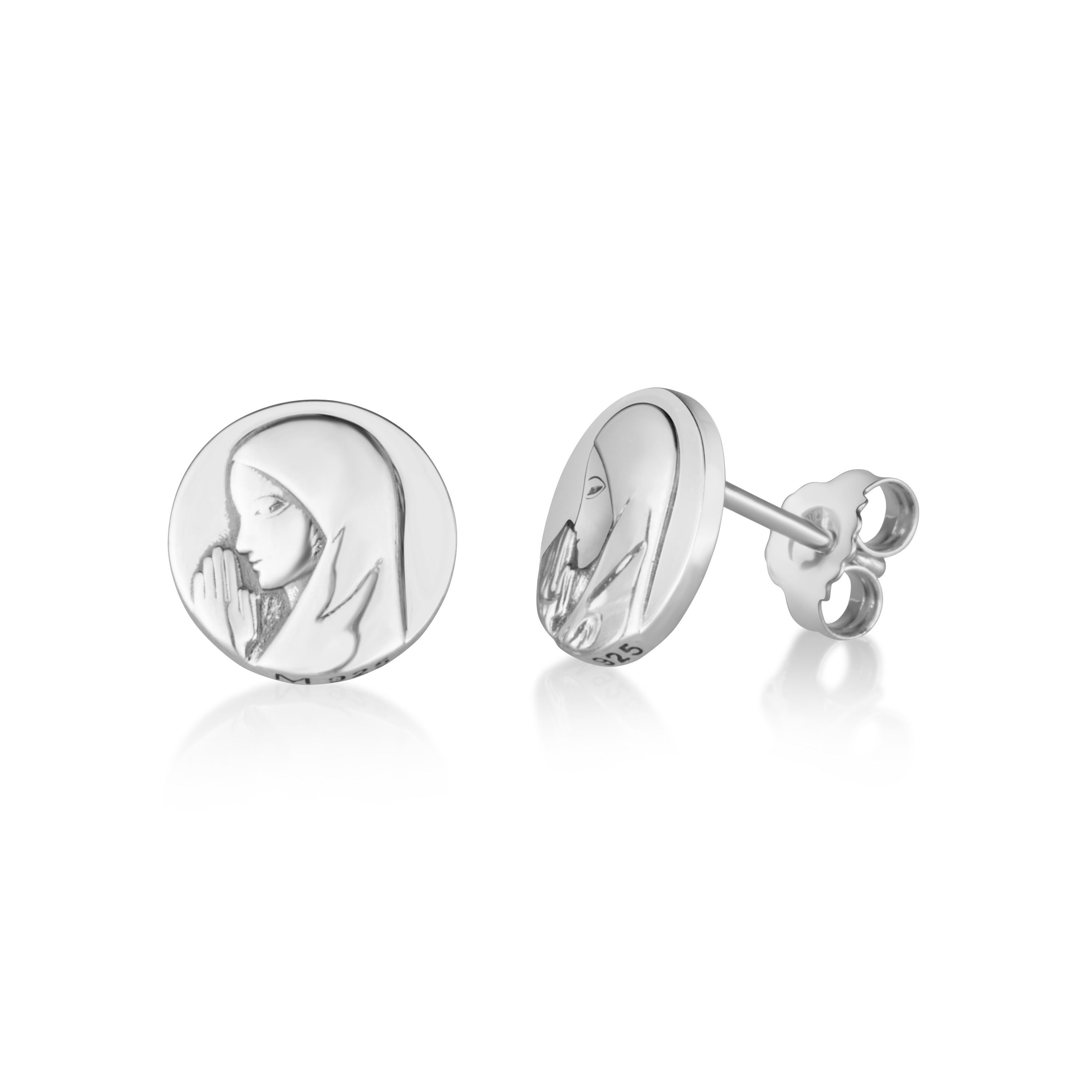 Virgin Mary medallion stud earrings in 925 sterling silver by Marina Jewelry