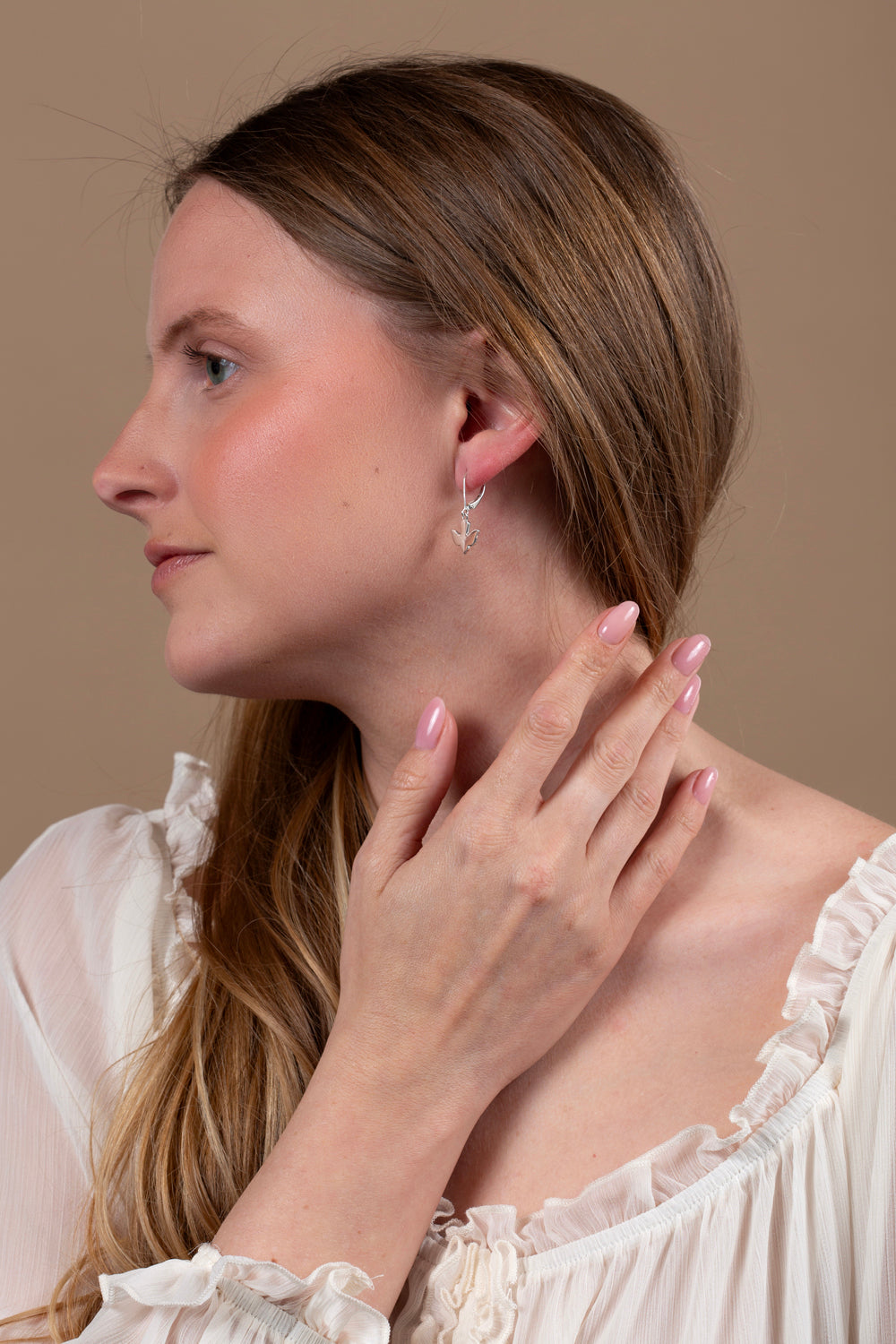 Dove Drop Earrings in 925 Sterling Silver – shown worn, close-up