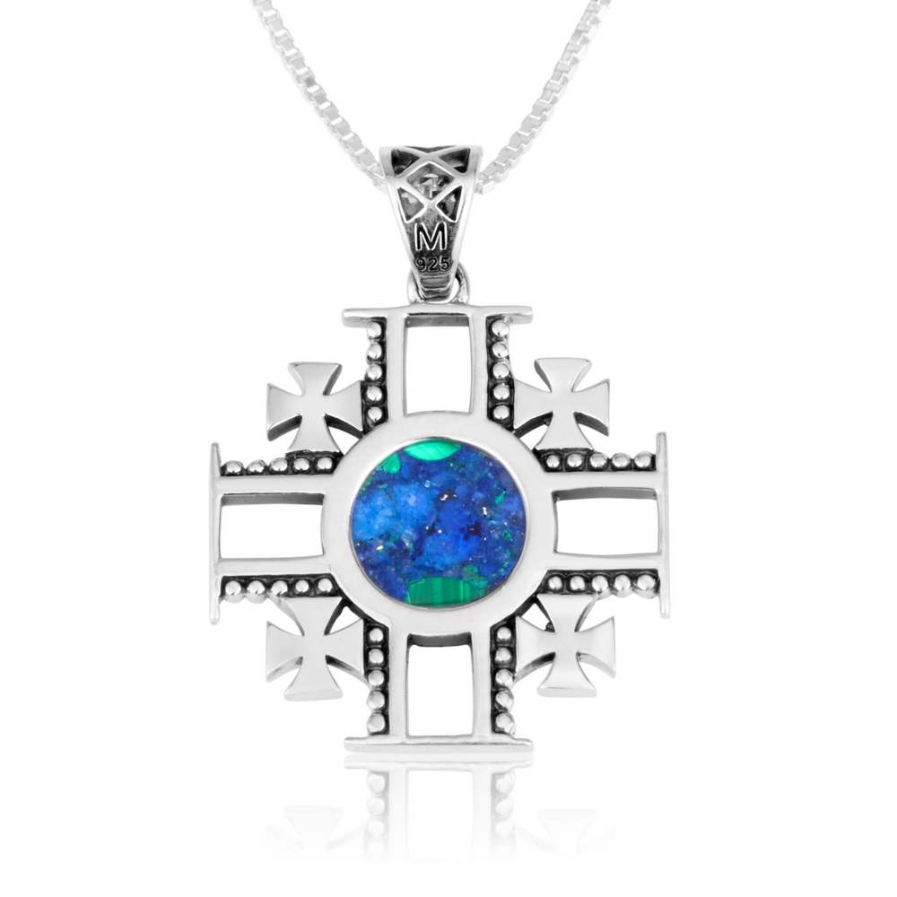 Jerusalem cross Eilat stone pendant necklace in 925 sterling silver by Marina Jewelry