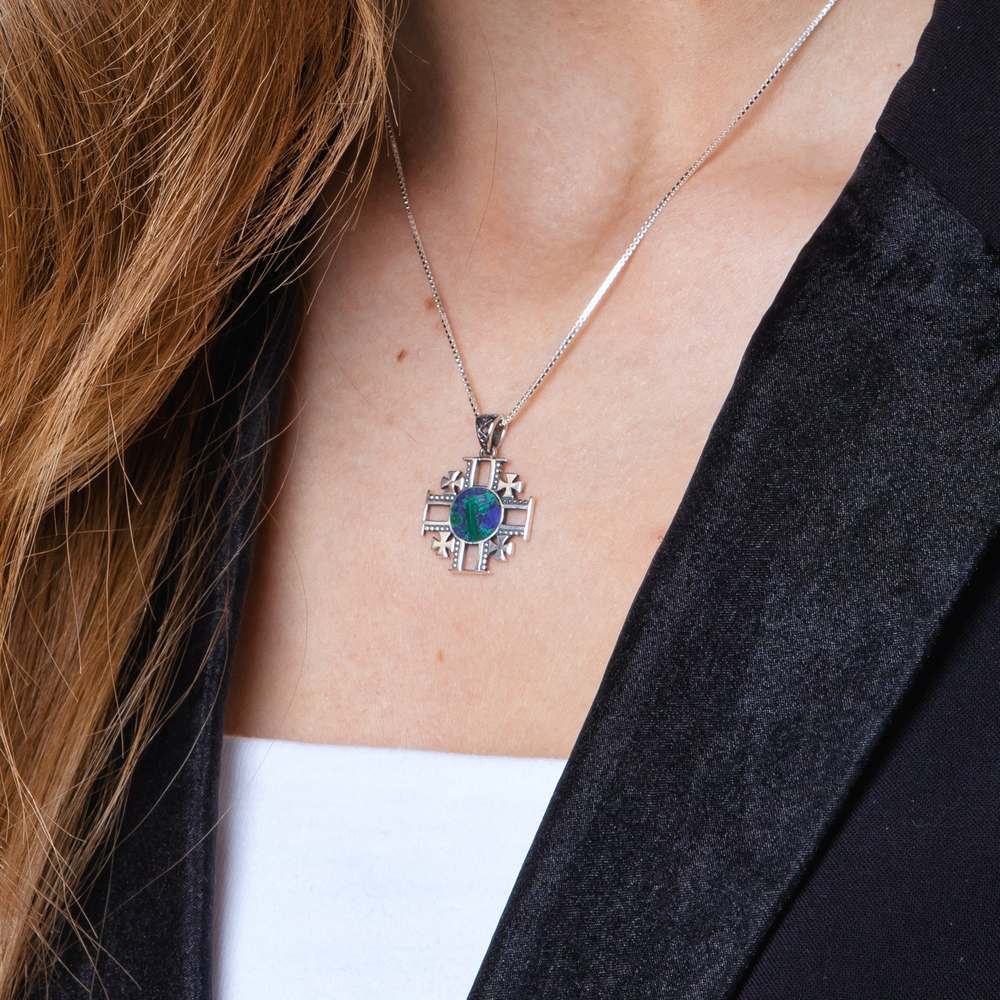 Jerusalem Cross Eilat Stone Pendant Necklace in 925 Sterling Silver – shown worn, close-up