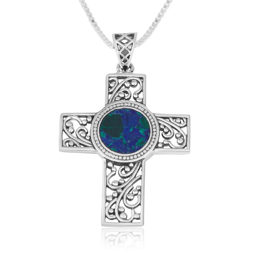 Filigree cross pendant with Eilat stone in 925 sterling silver by Marina Jewelry