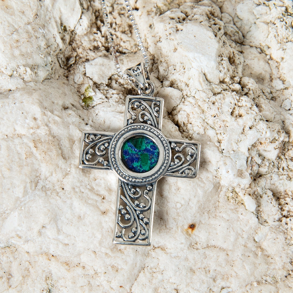 Filigree Cross Pendant Necklace in 925 Sterling Silver with Eilat Stone – flat lay