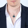 Filigree Jerusalem Cross Pendant Necklace in 925 Sterling Silver with Eilat Stone – shown worn, close-up