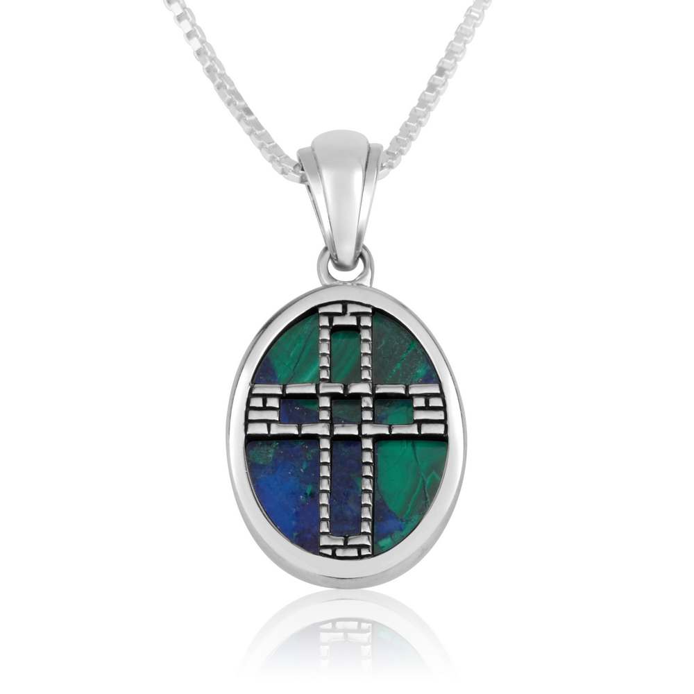 Tiled cross medallion pendant with Eilat stone in 925 sterling silver by Marina Jewelry