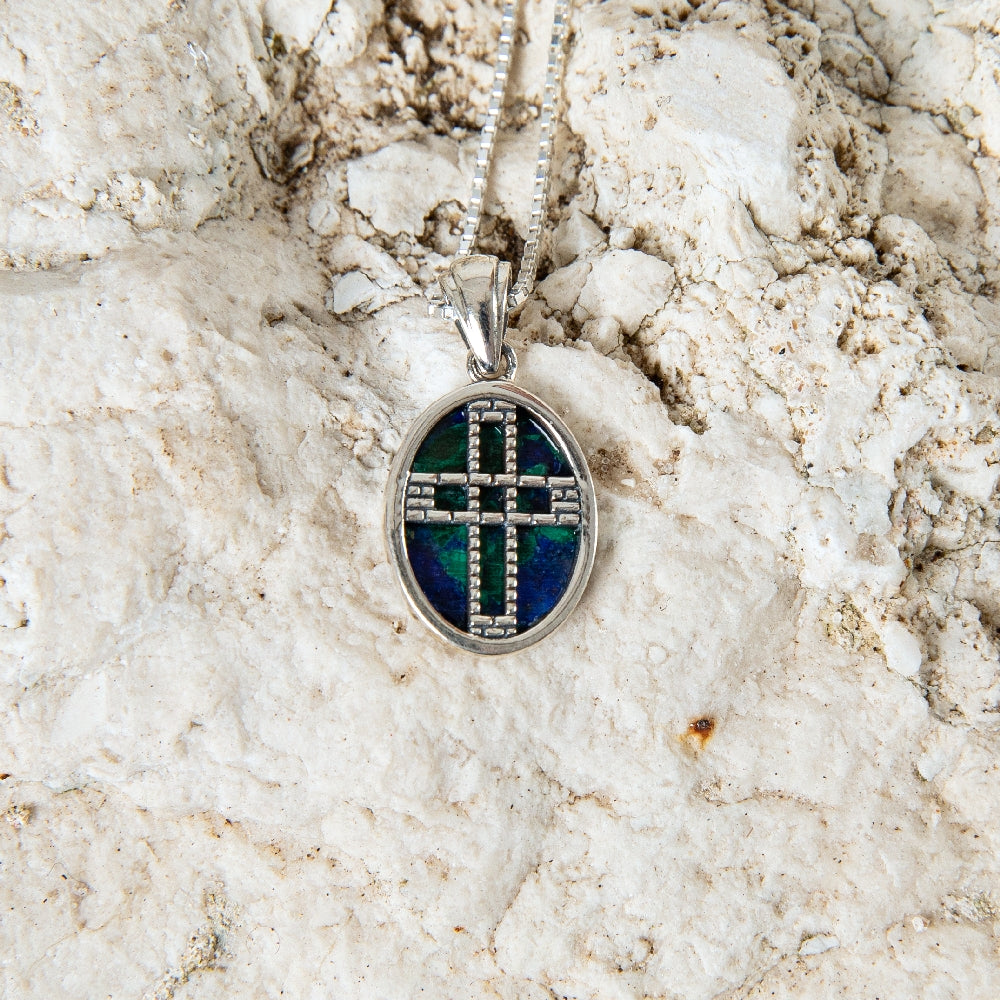 Tiled Cross Medallion Pendant Necklace in 925 Sterling Silver with Eilat Stone – flat lay