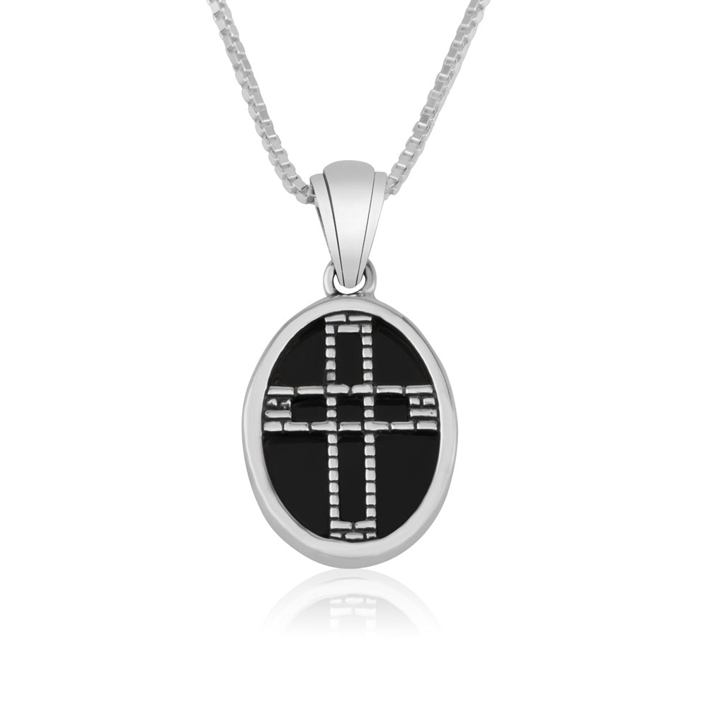 Engraved cross pendant necklace in 925 sterling silver with black onyx by Marina Jewelry