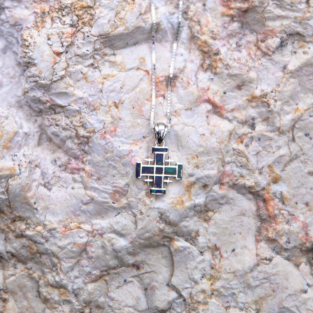 Jerusalem Cross Pendant Necklace in 925 Sterling Silver with Eilat Stone – flat lay
