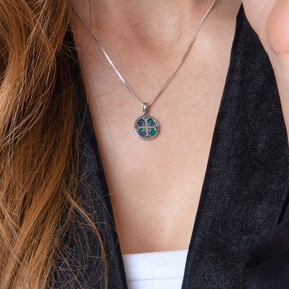 Jerusalem Cross Eilat Stone Disc Pendant Necklace in 925 Sterling Silver – shown worn, close-up
