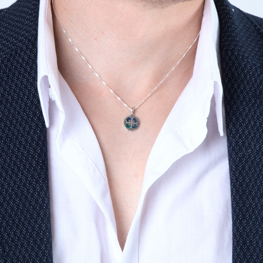 Jerusalem Cross Eilat Stone Disc Pendant Necklace in 925 Sterling Silver – shown worn, close-up