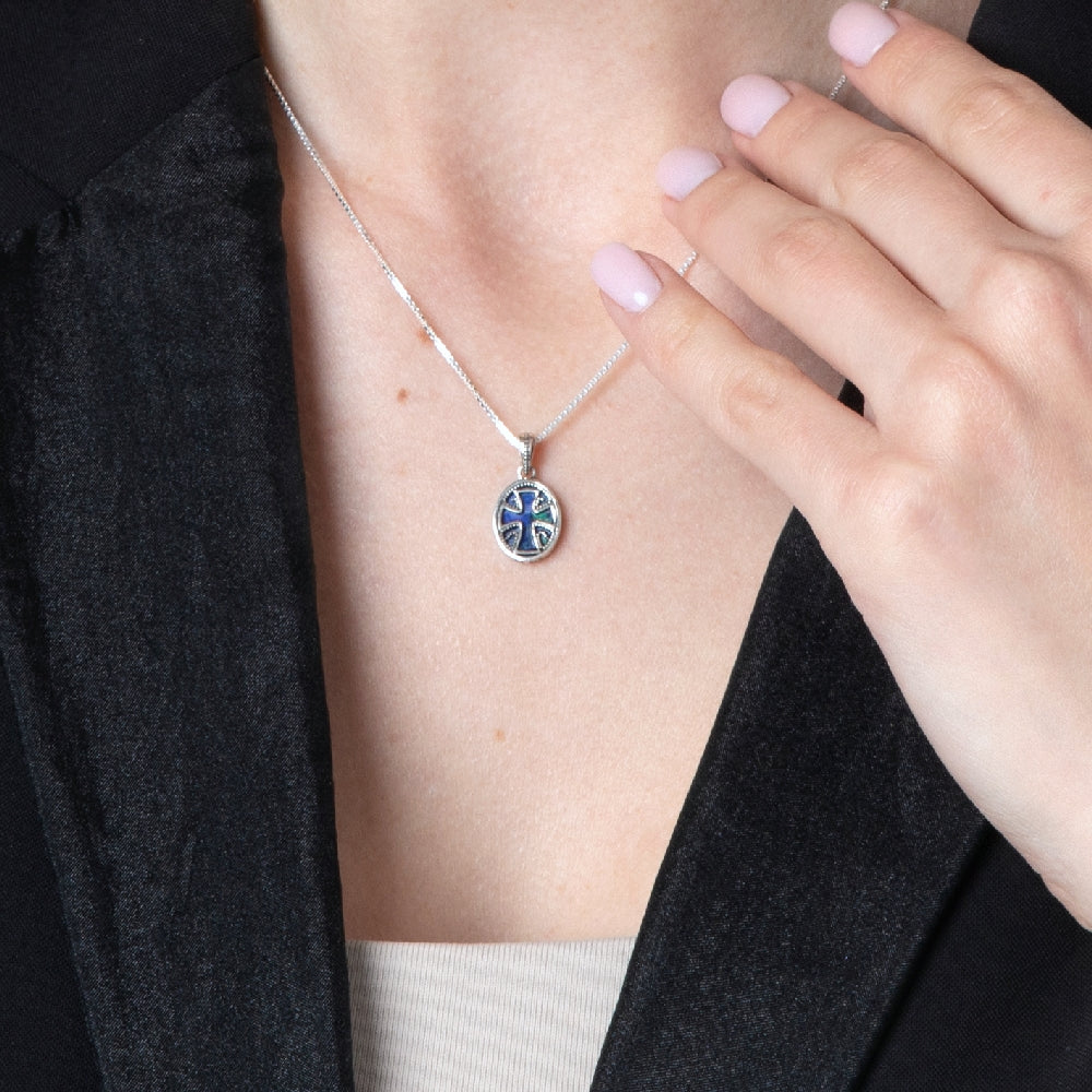 Eilat Stone Cross Medallion Pendant Necklace in 925 Sterling Silver – shown worn, close-up