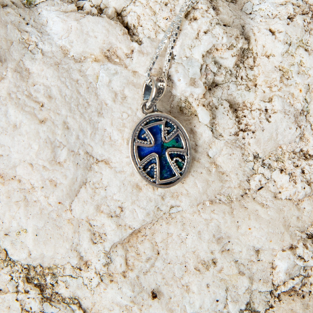 Eilat Stone Cross Medallion Pendant Necklace in 925 Sterling Silver – flat lay