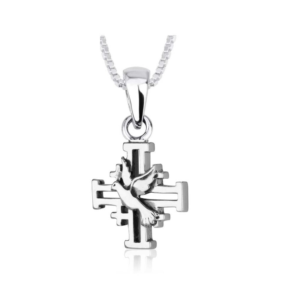 Jerusalem cross and dove pendant necklace in polished 925 sterling silver by Marina Jewelry