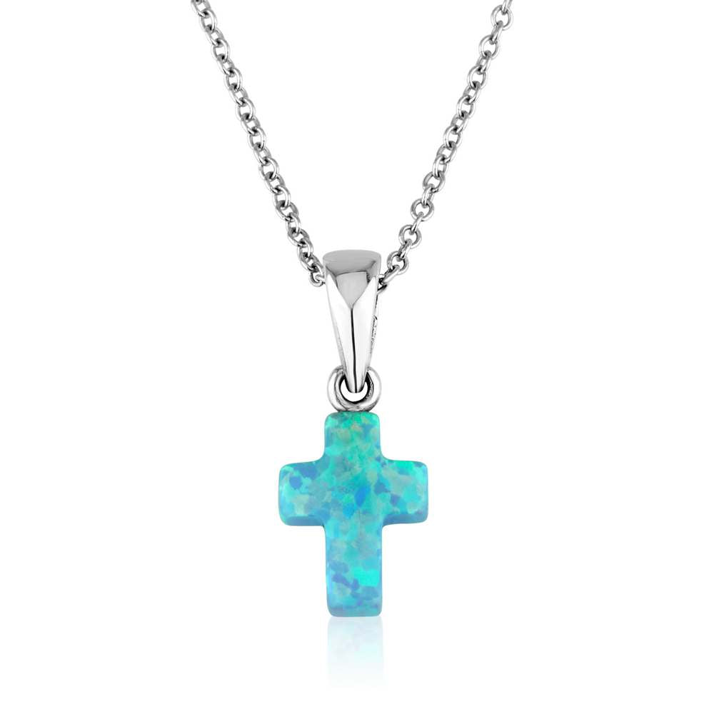 Blue opal cross pendant necklace in 925 sterling silver by Marina Jewelry
