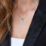 Blue Opal Cross Pendant Necklace, Plain Silver Bail, 925 Sterling Silver – shown worn, close-up