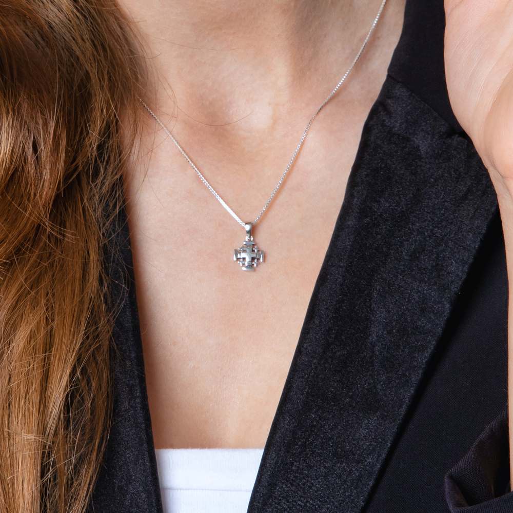 3D Layered Jerusalem Cross Pendant Necklace in 925 Sterling Silver – shown worn, close-up