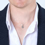 3D Layered Jerusalem Cross Pendant Necklace in 925 Sterling Silver – shown worn, close-up