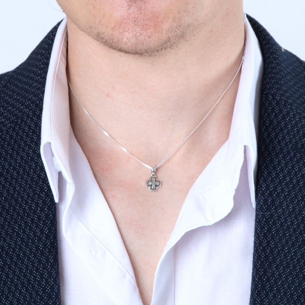 3D Layered Jerusalem Cross Pendant Necklace in 925 Sterling Silver – shown worn, close-up