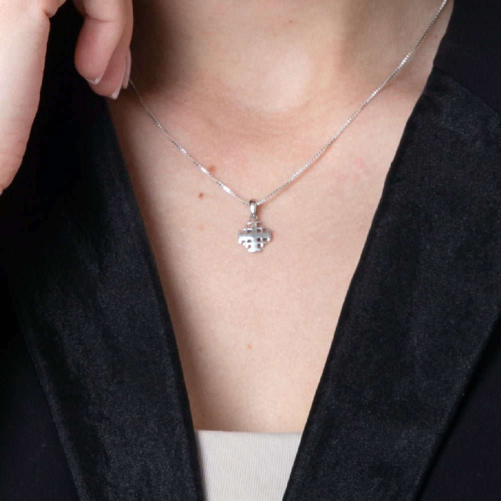 Engraved Jerusalem Cross Pendant Necklace in 925 Sterling Silver – shown worn, close-up