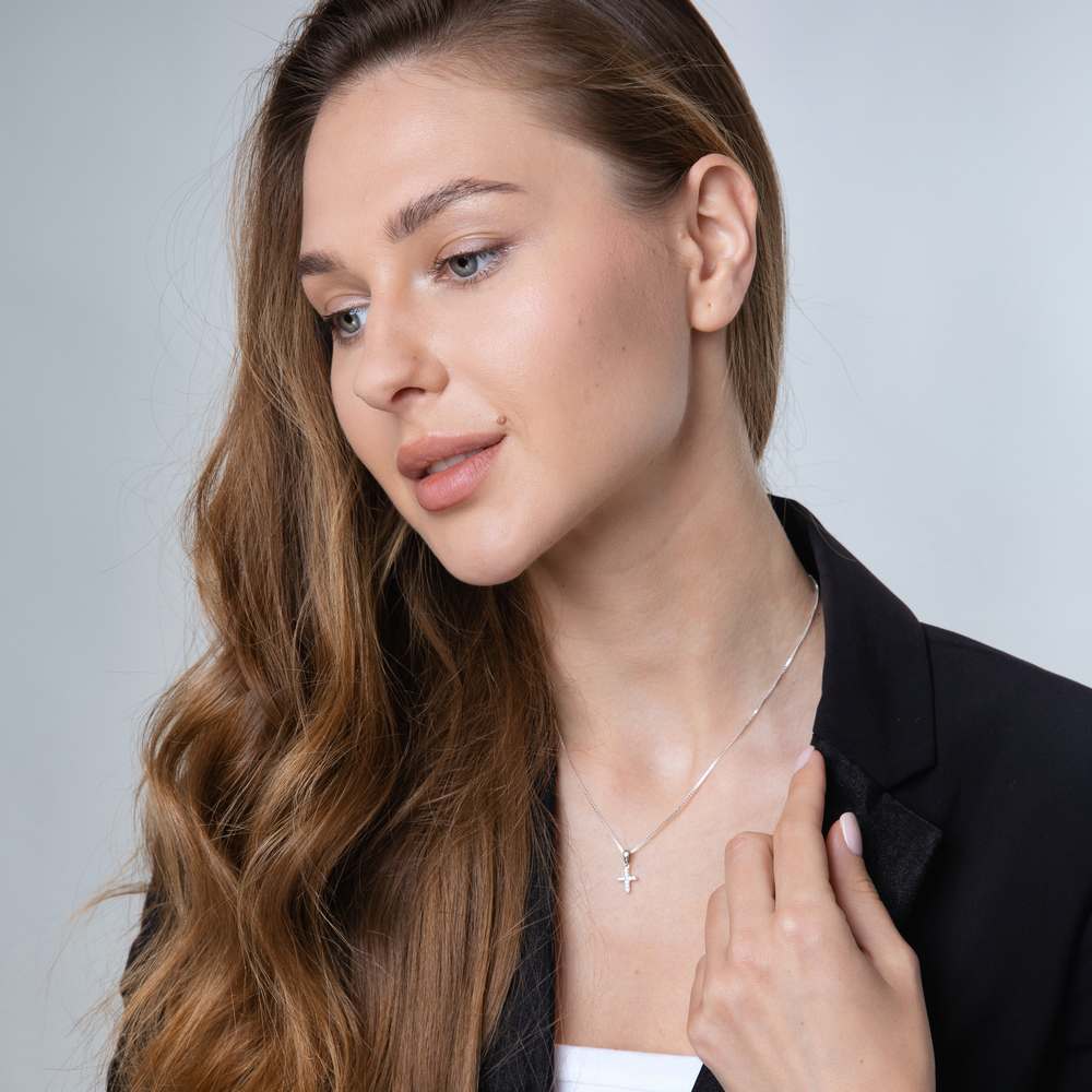 Pavé Cross Pendant Necklace in 925 Sterling Silver with Cubic Zirconia – shown worn