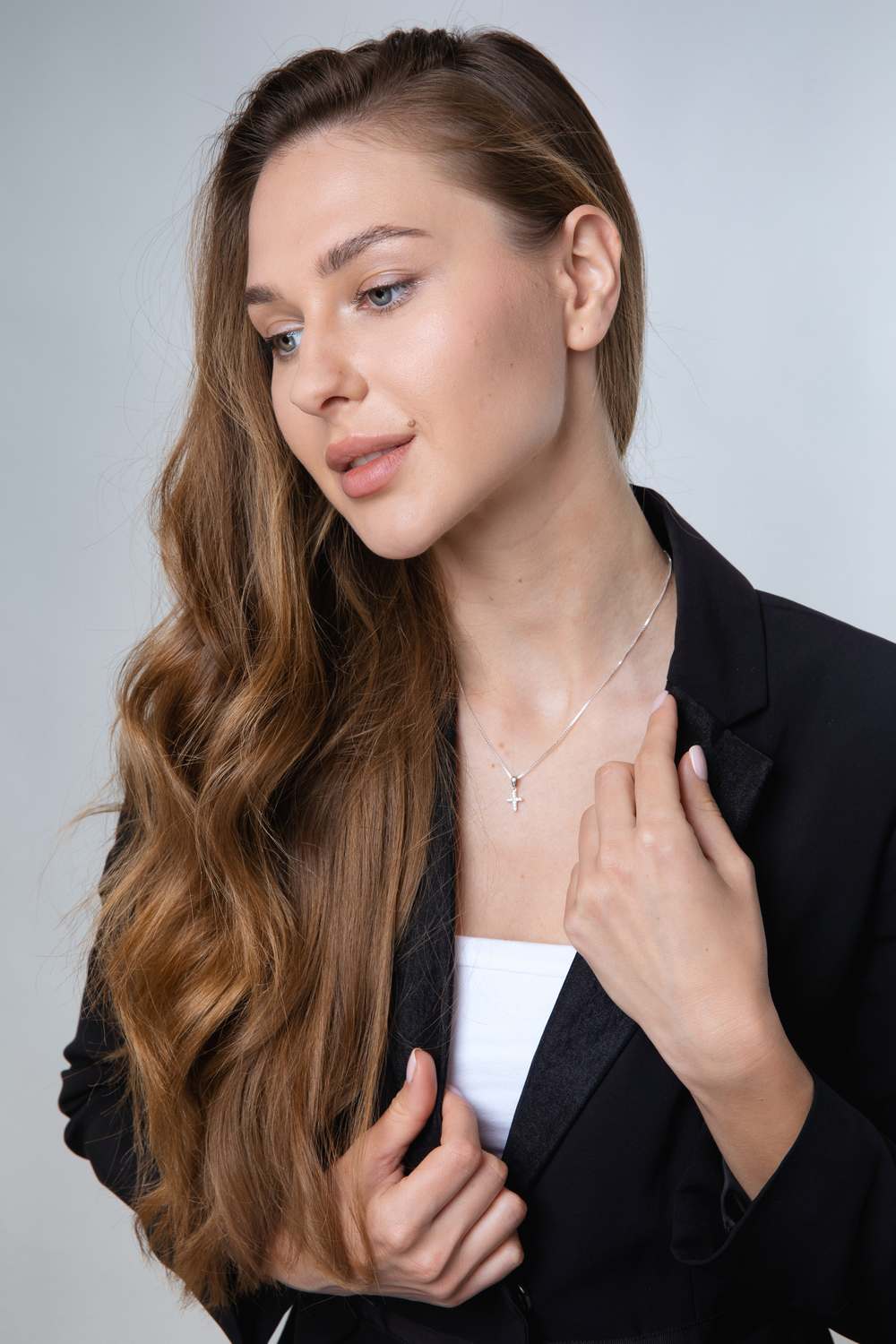 Pavé Cross Pendant Necklace in 925 Sterling Silver with Cubic Zirconia – shown worn