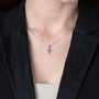 Amethyst Cross Pendant Necklace in 925 Sterling Silver – shown worn, close-up