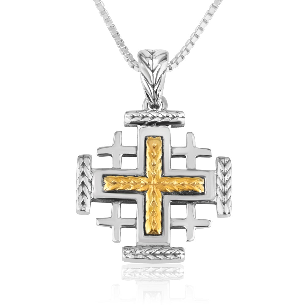 Hammered gold-plated Jerusalem Cross pendant with oxidized outline in 925 sterling silver by Marina Jewelry