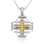 Hammered gold-plated Jerusalem Cross pendant with oxidized outline in 925 sterling silver by Marina Jewelry